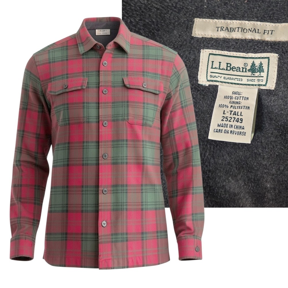 L.L. Bean Flannel Shirt Mens L-Tall Red Green Plaid Fleece Lined Heavy LT